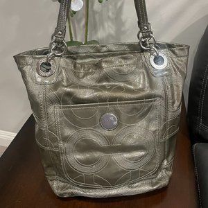 COACH Authentic Original Silver Leather Hobo Tote with Monogram Stitching